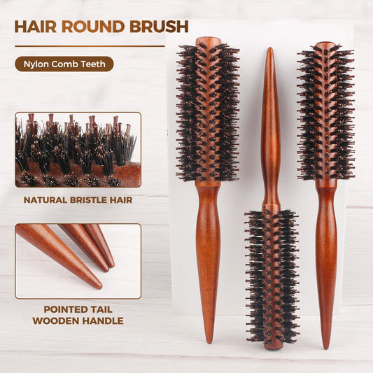 Round Barrel Hair Brush – Wooden Handle Curling and Styling Tool
